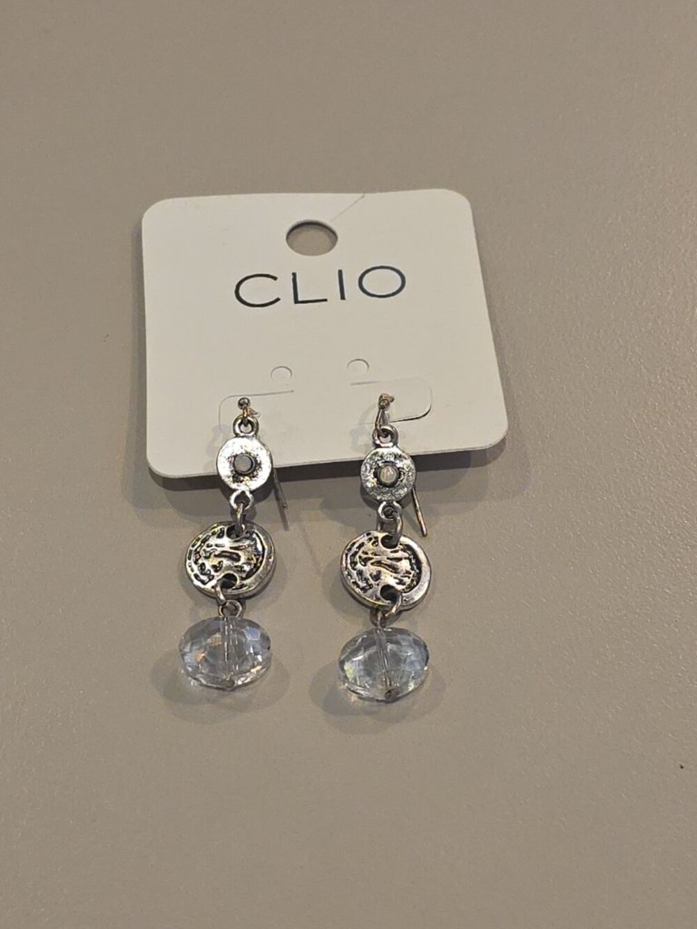 Clio Silver-tone Drop Earrings with Medallions and Clear Faceted Beads